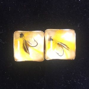 Men’s VTG dome yellow feather fly fishing lure cuff links